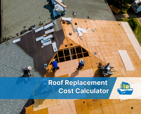 photo of roofers replacing roof with "roof replacement cost calculator" text overlaying the image